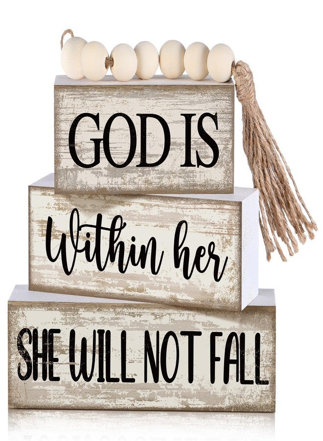 Lineshading 4 Pcs Christian Table Decor Rustic Wooden Block Sign Set with God Is Within Her She Will Not Fall Farmhouse Stacked Decor with Beaded Garland Tassel Christian Home Decors for Office, Shelf - Image 1