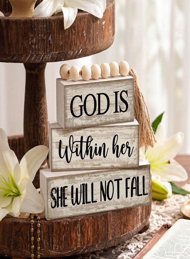 Lineshading 4 Pcs Christian Table Decor Rustic Wooden Block Sign Set with God Is Within Her She Will Not Fall Farmhouse Stacked Decor with Beaded Garland Tassel Christian Home Decors for Office, Shelf - Image 3