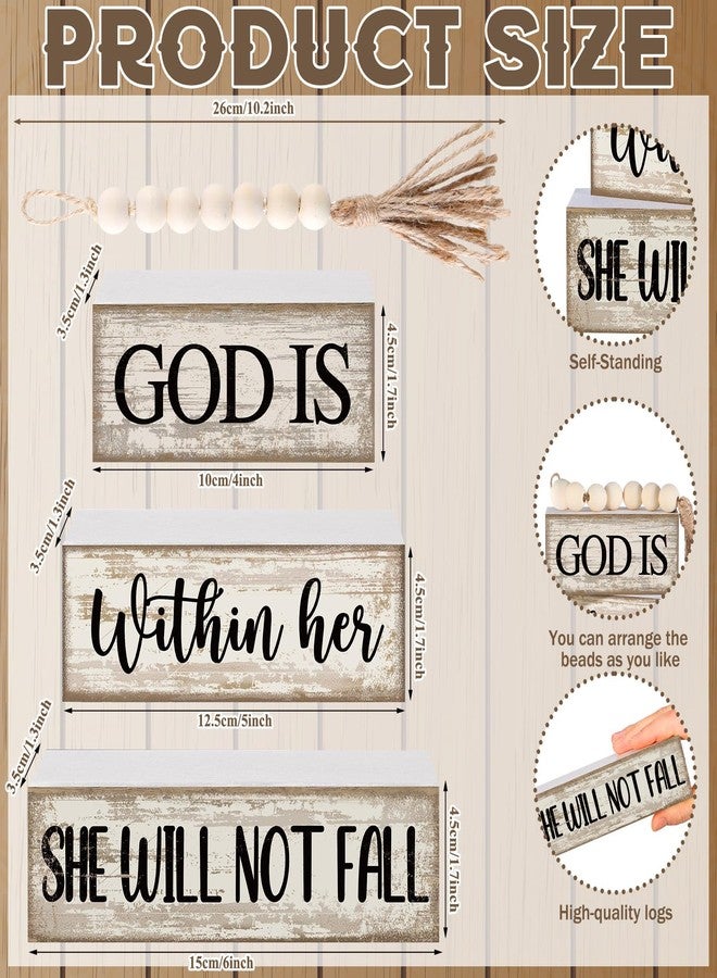 Lineshading 4 Pcs Christian Table Decor Rustic Wooden Block Sign Set with God Is Within Her She Will Not Fall Farmhouse Stacked Decor with Beaded Garland Tassel Christian Home Decors for Office, Shelf - Image 5