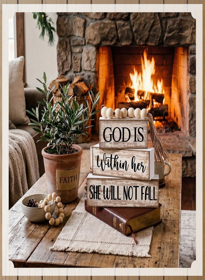 Lineshading 4 Pcs Christian Table Decor Rustic Wooden Block Sign Set with God Is Within Her She Will Not Fall Farmhouse Stacked Decor with Beaded Garland Tassel Christian Home Decors for Office, Shelf - Image 2