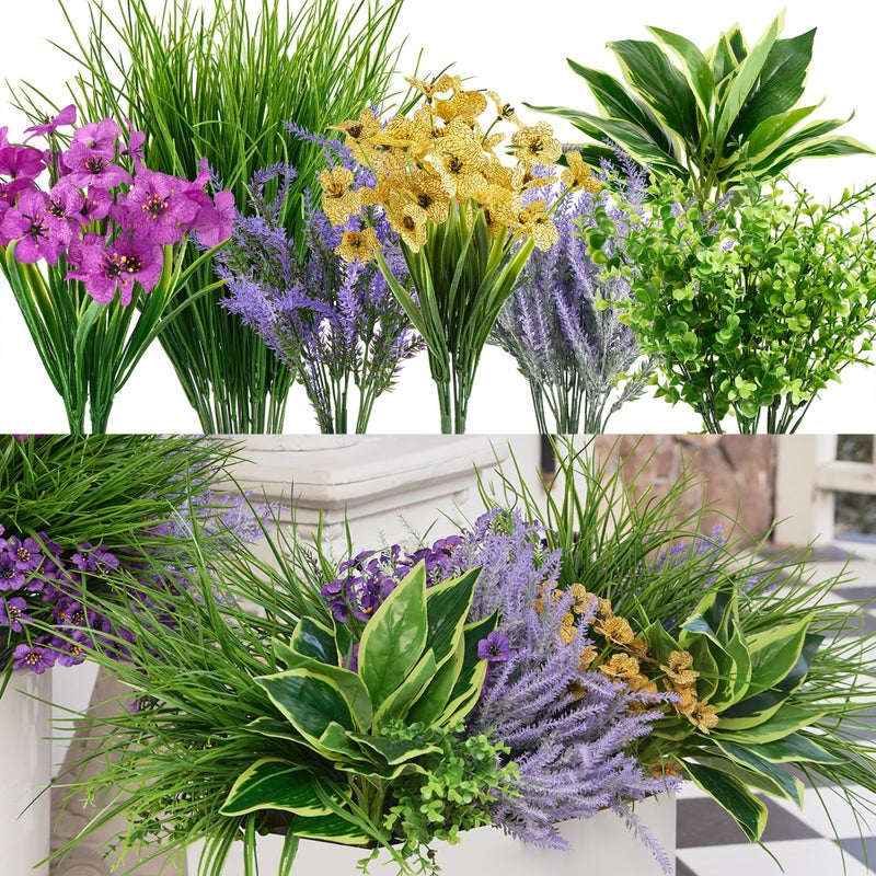 Clycaloor 25Pcs Outdoor Artificial Boxwood UV Resistant Fake Stems Plants Faux Plastic Greenery for Indoor Outside Hanging Plants Garden Porch Window Box Home Wedding Farmhouse Dcor