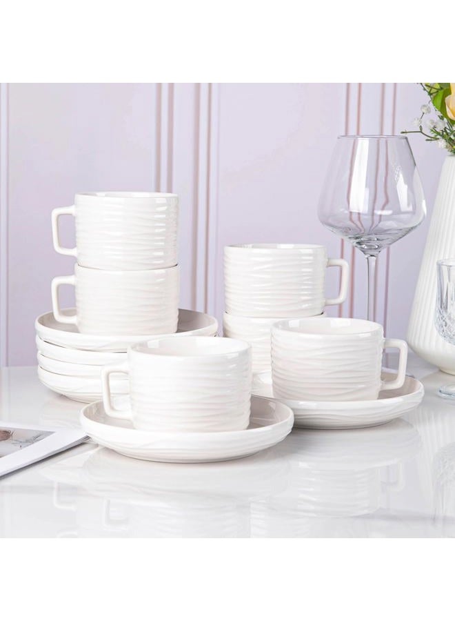 CHILDIKE Porcelain Cappuccino Cups with Saucers, 8 OZ White Ceramic Coffee Cups Set of 6, Good for Latte, Americano and Tea, Microwave and Dishwasher Safe, Ribbed Texture - Image 4
