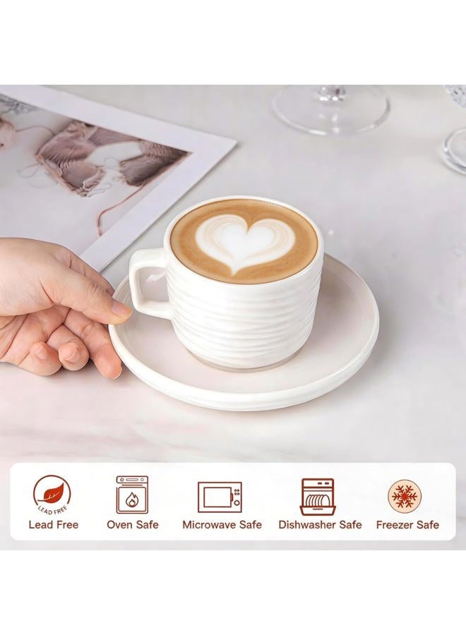 CHILDIKE Porcelain Cappuccino Cups with Saucers, 8 OZ White Ceramic Coffee Cups Set of 6, Good for Latte, Americano and Tea, Microwave and Dishwasher Safe, Ribbed Texture - Image 3