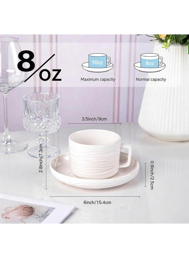 CHILDIKE Porcelain Cappuccino Cups with Saucers, 8 OZ White Ceramic Coffee Cups Set of 6, Good for Latte, Americano and Tea, Microwave and Dishwasher Safe, Ribbed Texture - Image 2