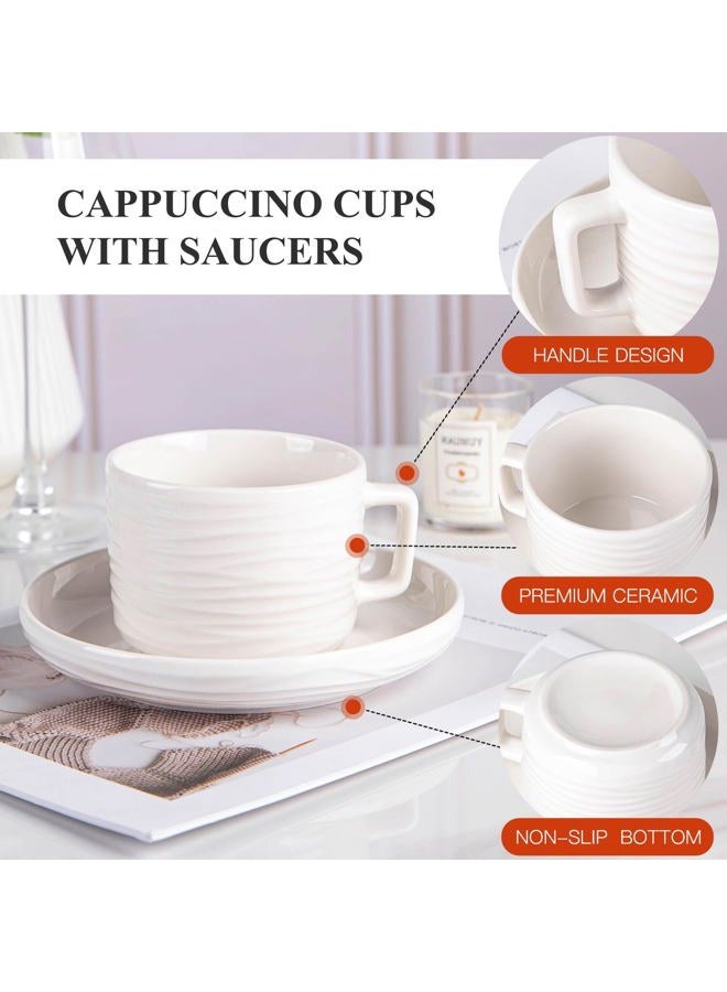 CHILDIKE Porcelain Cappuccino Cups with Saucers, 8 OZ White Ceramic Coffee Cups Set of 6, Good for Latte, Americano and Tea, Microwave and Dishwasher Safe, Ribbed Texture - Image 5
