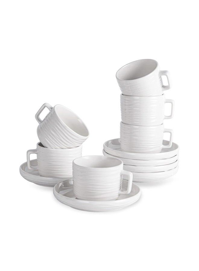 CHILDIKE Porcelain Cappuccino Cups with Saucers, 8 OZ White Ceramic Coffee Cups Set of 6, Good for Latte, Americano and Tea, Microwave and Dishwasher Safe, Ribbed Texture - Image 1