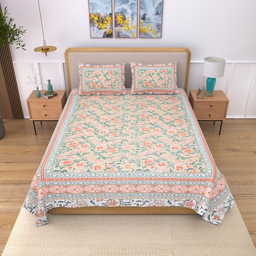 EasyGoods® 100% Pure Cotton Jaipuri Bedsheet with Pillow Covers | Soft & Breathable Fabric | Traditional Floral Print | Cotton Bedsheet (Orange 3, King) - Image 2