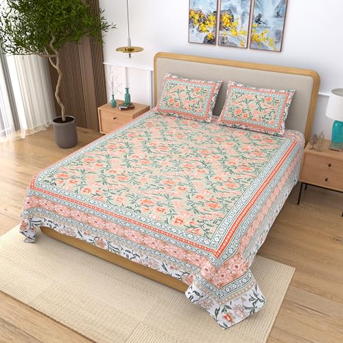 EasyGoods® 100% Pure Cotton Jaipuri Bedsheet with Pillow Covers | Soft & Breathable Fabric | Traditional Floral Print | Cotton Bedsheet (Orange 3, King) - Image 3