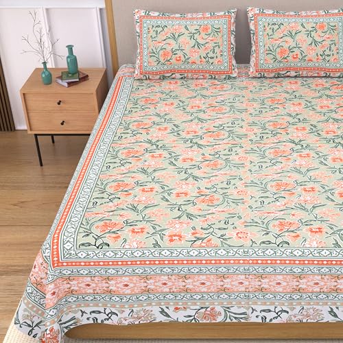 EasyGoods® 100% Pure Cotton Jaipuri Bedsheet with Pillow Covers | Soft & Breathable Fabric | Traditional Floral Print | Cotton Bedsheet (Orange 3, King) - Image 1