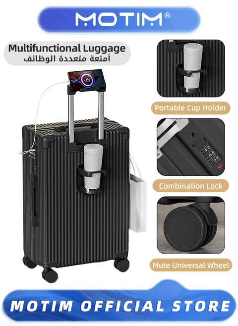 Travel Luggage Carry-On Luggage with Spinner Wheels Aluminum Framed Carry On Suitcase with USB and Type-C Port & Cup Holder & Phone Holder ＆ Side Hidden Hook Large Checked-in Luggage