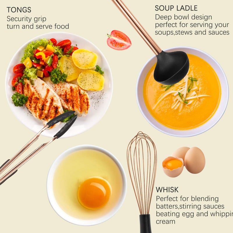 MIBOTE Silicone Cooking Utensil Set,14 Pcs Kitchen Utensils Set with Holder Non-stick Heat Resistant Cookware Cooking Turner Tongs Spatula Spoon with Stainless Steel Handle (Gold Black) BPA Free, Non Toxi - Image 2