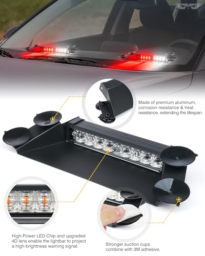LUMENIX LED Emergency Dash Strobe Lights Aluminum, Front Windshield Visor Safety Warning Traffic Caution Deck Split Flashing Light for Firefighter First Responder Vehicles Fire Trucks- White Red - Image 3