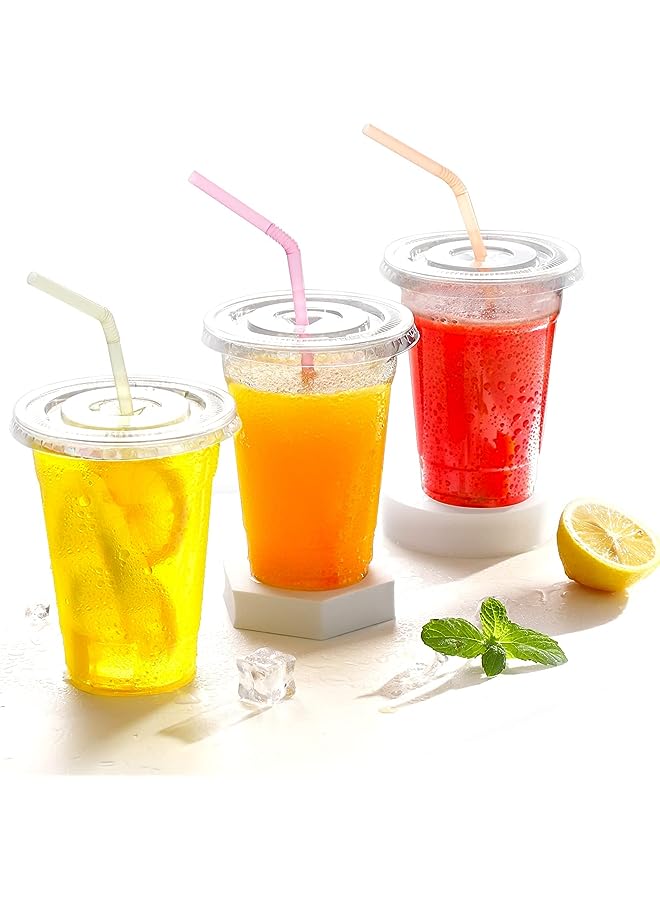 Raxoom 100 Sets Plastic Cups with Flat Lids, Clear Disposable Plastic Party Cups with Flat Lids to Go, Cold Drink Cups, Smoothie Cups, Milkshake Cups 24 oz - Image 1