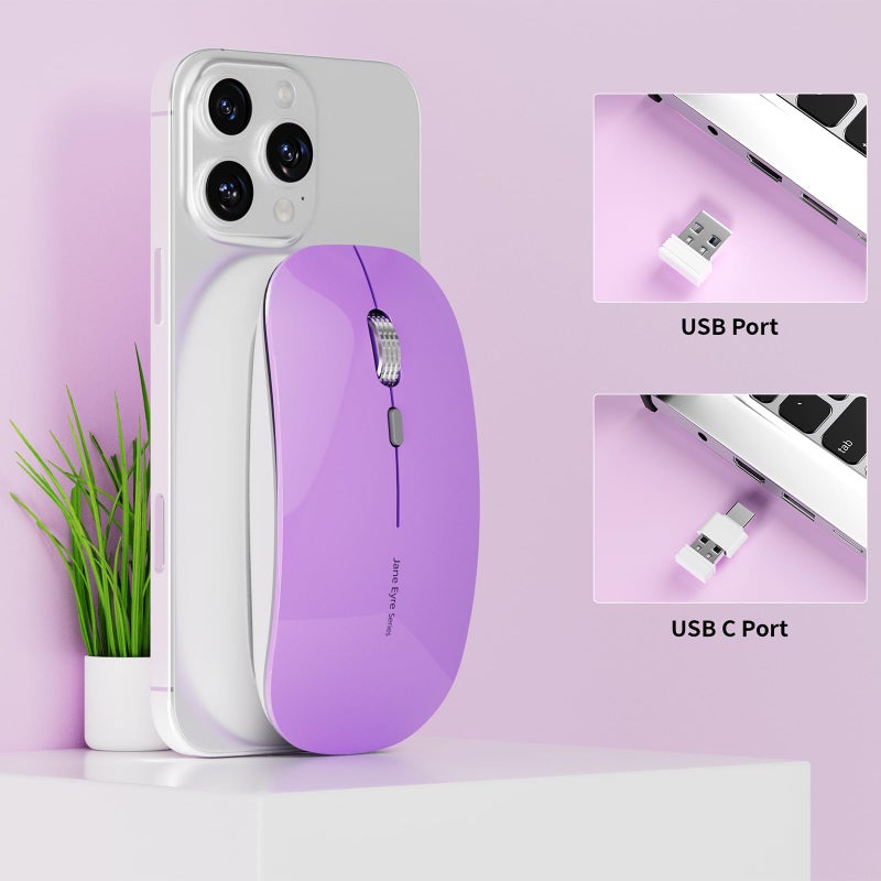 Uciefy Q5 Slim Rechargeable Wireless Mouse, 2.4G Portable Optical Silent Ultra Thin Wireless Computer Mouse with USB Receiver and Type C Adapter, Compatible with PC, Laptop, Desktop (Purple) - Image 2