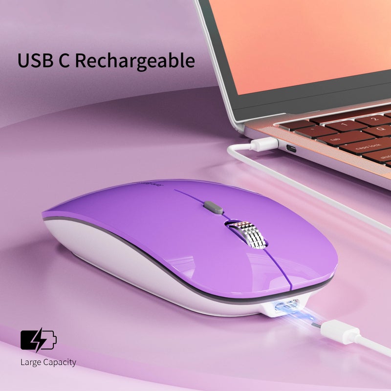 Uciefy Q5 Slim Rechargeable Wireless Mouse, 2.4G Portable Optical Silent Ultra Thin Wireless Computer Mouse with USB Receiver and Type C Adapter, Compatible with PC, Laptop, Desktop (Purple) - Image 3
