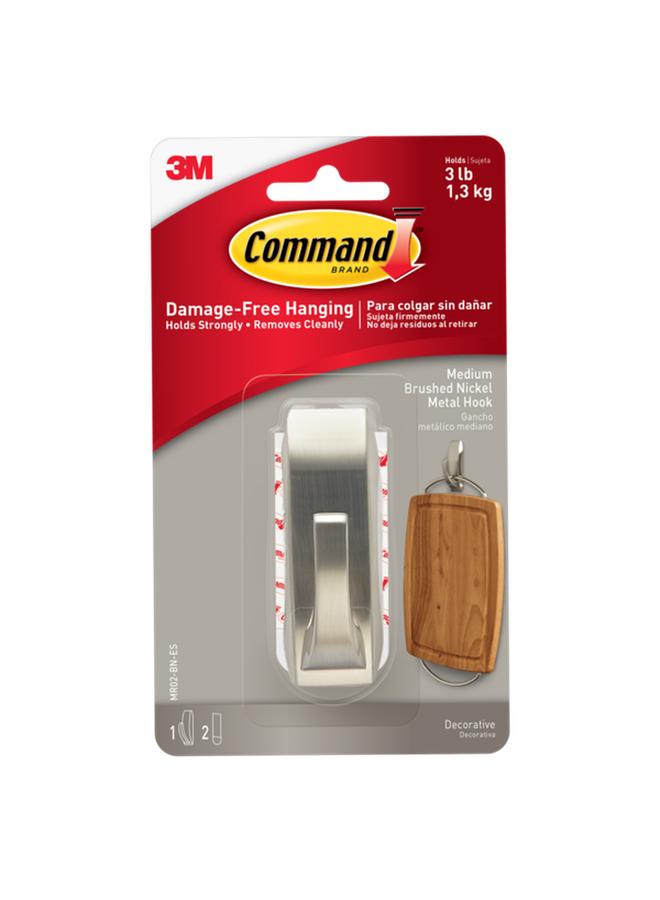 3M Command Damage-Free Multi-Purpose Durable Adhesive Hook with 2 Strips Brushed Nickel Medium MR02-BN - Image 1