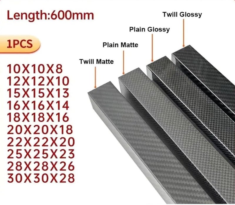12X12X10 أنبوب مربع من ألياف الكربون العادي اللامع بطول 600 ملم سطح كامل من الكربون 3K لامع غير لامع - Image 1
