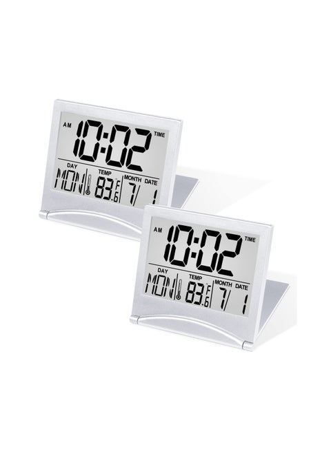 Digital Travel Alarm Clock, 2 Pcs Foldable Calendar Temperature Timer LCD Clock with Snooze Mode, Large Number Display, Battery Operated, Compact Desk Clock for All Ages (Silver)