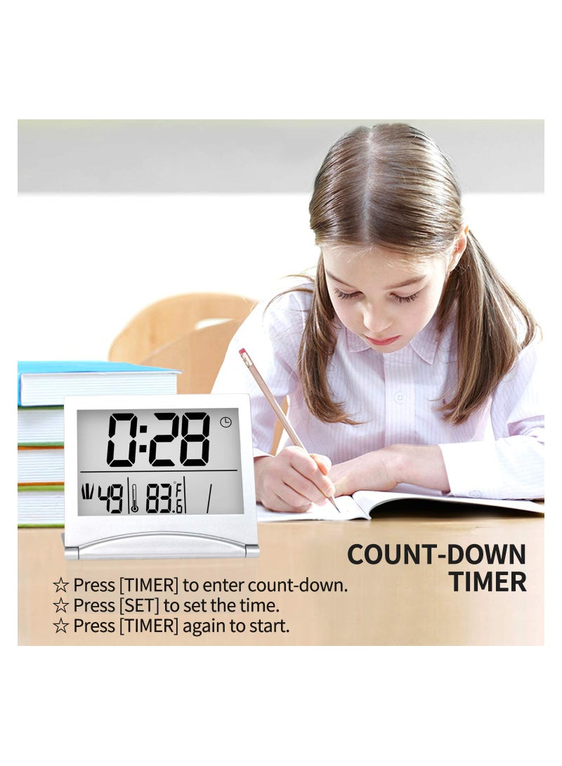 Digital Travel Alarm Clock, 2 Pcs Foldable Calendar Temperature Timer LCD Clock with Snooze Mode, Large Number Display, Battery Operated, Compact Desk Clock for All Ages (Silver)