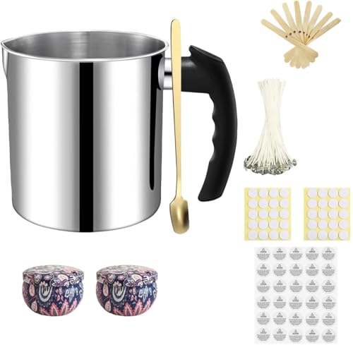 Phinicco Candle Making Pouring Pot 1300ml Wax Pouring Pot Candle Making Pitcher with HeatResistant Handle and Dripless Pouring Spout Design with Candle Jars Wicks Stickers and Wicks Centering Device - Image 1