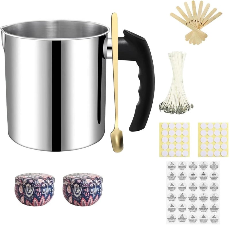 Phinicco Candle Making Pouring Pot 1300ml Wax Pouring Pot Candle Making Pitcher with HeatResistant Handle and Dripless Pouring Spout Design with Candle Jars Wicks Stickers and Wicks Centering Device - Image 2