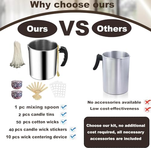 Phinicco Candle Making Pouring Pot 1300ml Wax Pouring Pot Candle Making Pitcher with HeatResistant Handle and Dripless Pouring Spout Design with Candle Jars Wicks Stickers and Wicks Centering Device - Image 3