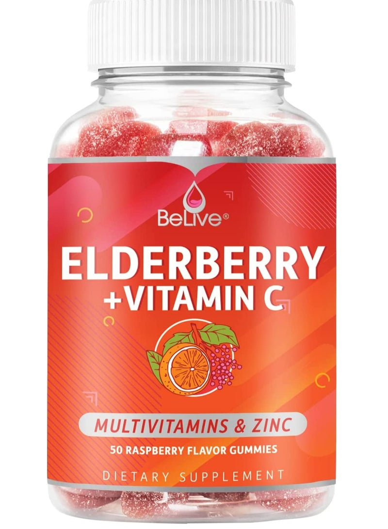 BeLive The Only Elderberry Gummies with Vitamin C, Propolis, Echinacea for Immune Support Supplement for Kids and Adults, Raspberry Flavored, 50  Chewable Gummy Vitamins