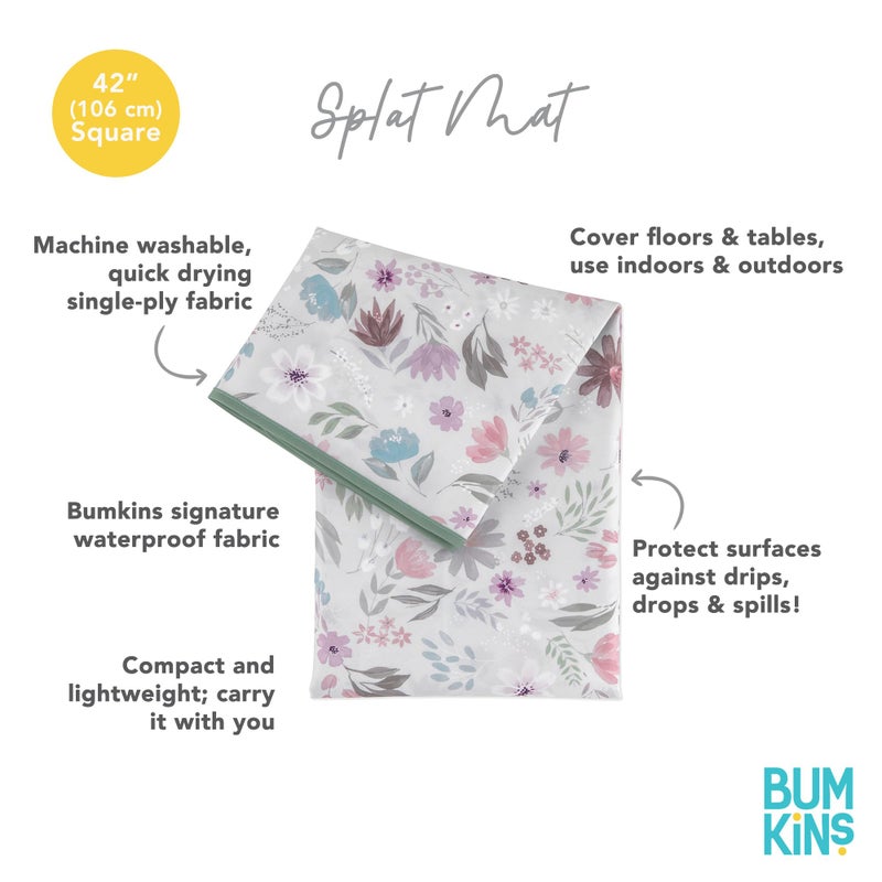 Bumkins Baby Splat Mat for Under High Chair, Babies Toddlers Eating Mess Mat, Waterproof Reusable Cloth for Arts and Crafts, Playtime Mat for Kids, Floors or Tables, Fabric 42inx42in, Floral Gray - Image 5