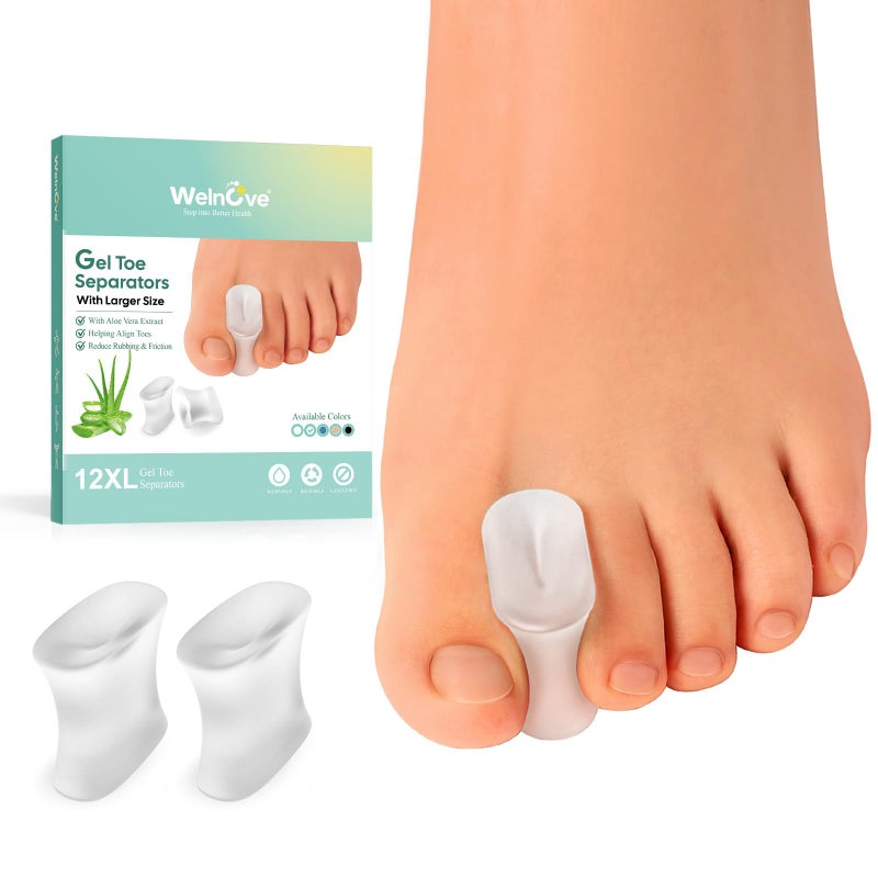Welnove Welnove Upgraded Gel Toe Separators 12Pack Aloe Vera Extract Infused Silicone Toe Spacers for Straightening Overlapping Toes Bunions Calluses Bunion Corrector for Men and Women XLarge Size 