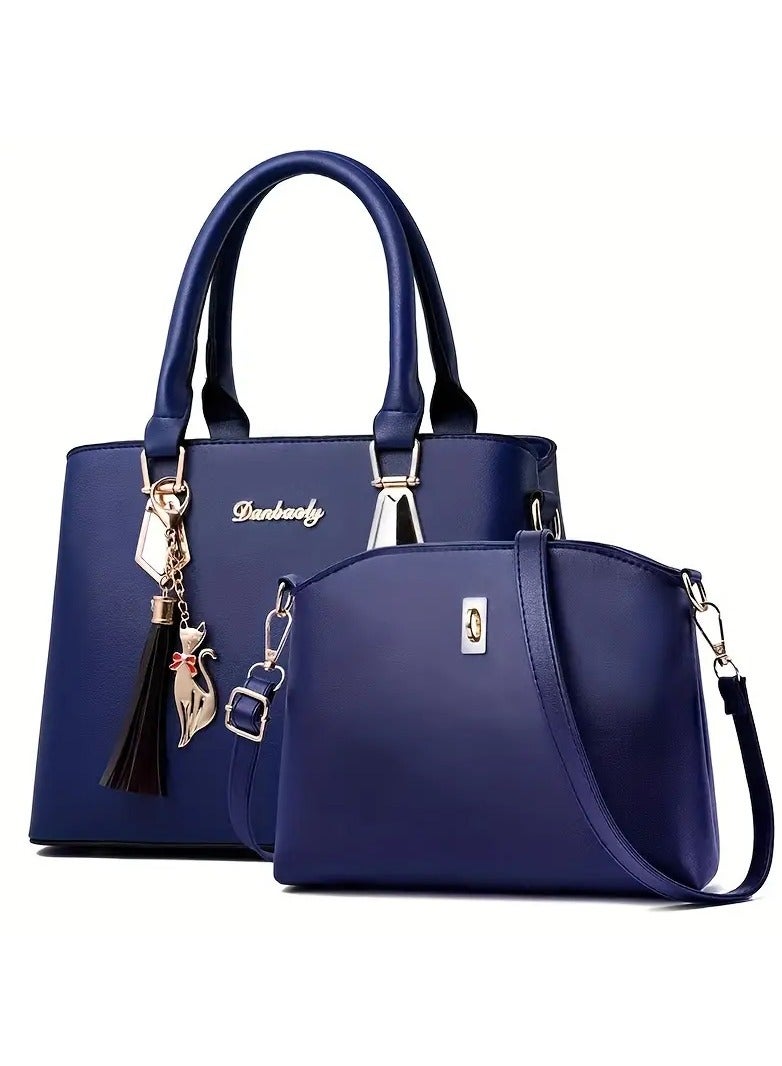Danbaoly 2 pcs set Luxury Fashion High Capacity Women Tote Bag Sac A Main Femm A Bas Prix Designer Lady Blue White Leather Metal Tote Handbag - Image 1