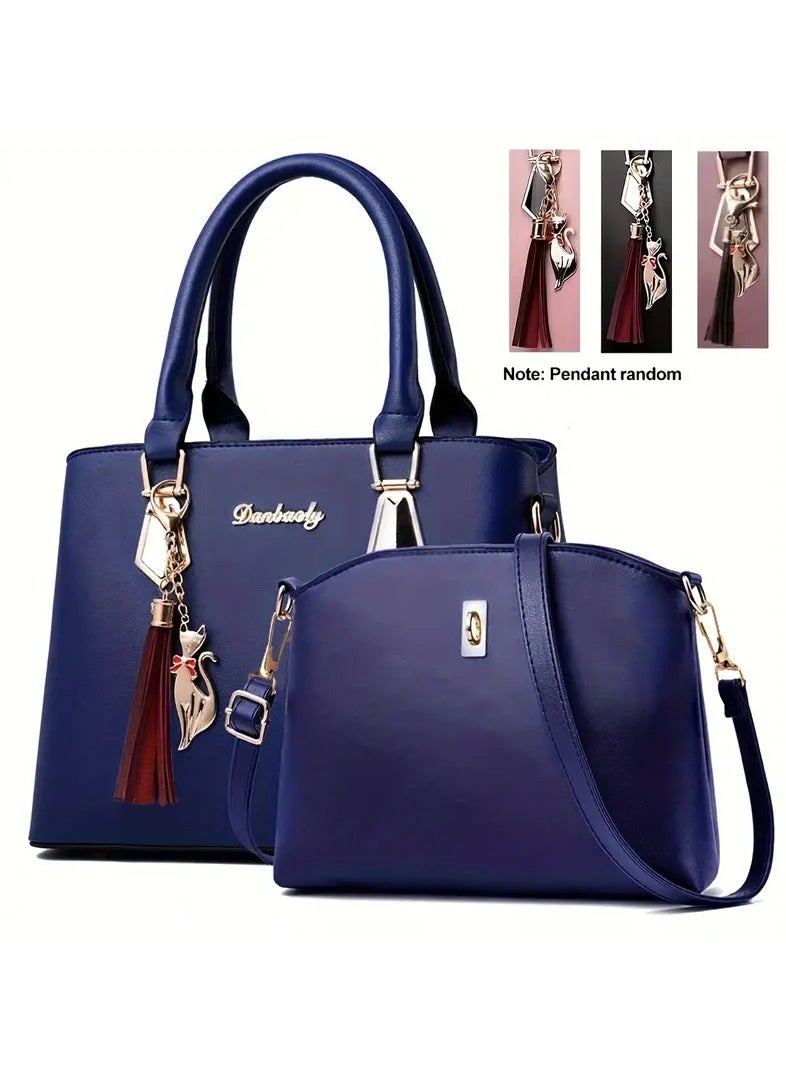 Danbaoly 2 pcs set Luxury Fashion High Capacity Women Tote Bag Sac A Main Femm A Bas Prix Designer Lady Blue White Leather Metal Tote Handbag - Image 3