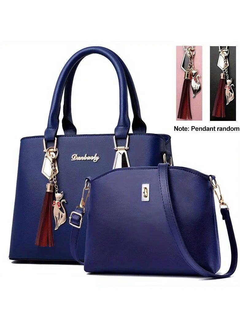 Danbaoly 2 pcs set Luxury Fashion High Capacity Women Tote Bag Sac A Main Femm A Bas Prix Designer Lady Blue White Leather Metal Tote Handbag - Image 2