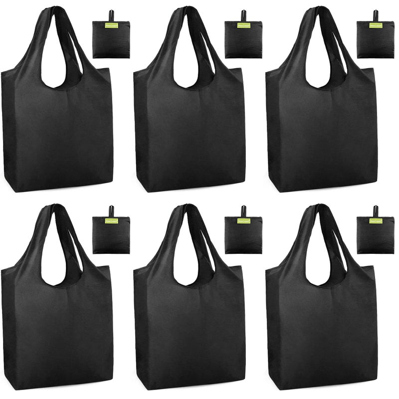 BeeGreen Black Grocery Bag Shopping Bags Large Reusable Bag Foldable Black Tote 6 Pack Cute Holiday Groceries With Handles Large Cloth Gift Bags Heavy Duty Washable