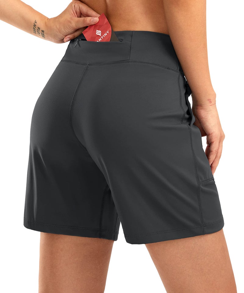 SANTINY Women's 6'' Athletic Long Shorts with 4 Pockets High Waisted Bermuda Shorts for Women Walking Running Casual (Dark Grey_M) - Image 2