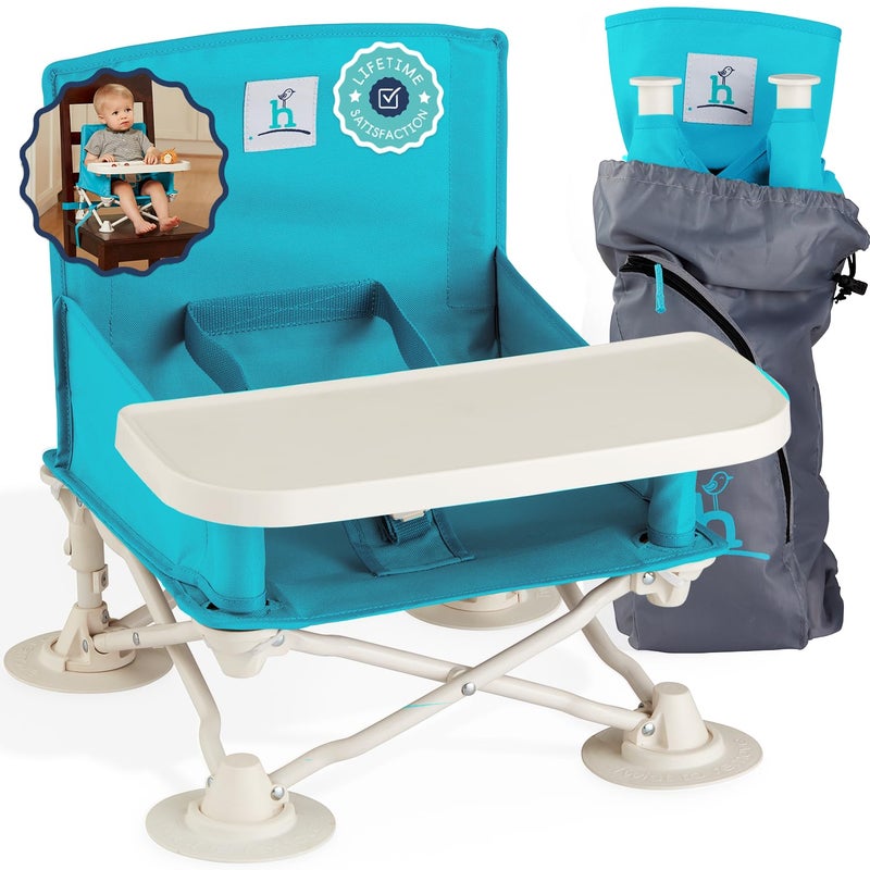 Hiccapop OmniBoost Travel Booster Seat with Tray for Baby | Folding Portable Seat for Dining Table, Camping, Beach, Grandmaâ€™s | Tip-Free Design Straps to Kitchen Chairs - Image 1
