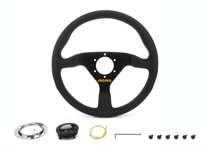 MOMO Motorsport MOD78 Leather Racing Steering Wheel  320mm 40mm Dish Yellow Horn 3Spoke 6Bolt Aluminum Frame  Authentic MOMO Italian Aftermarket Wheel Quick Release Hub Adapter Required