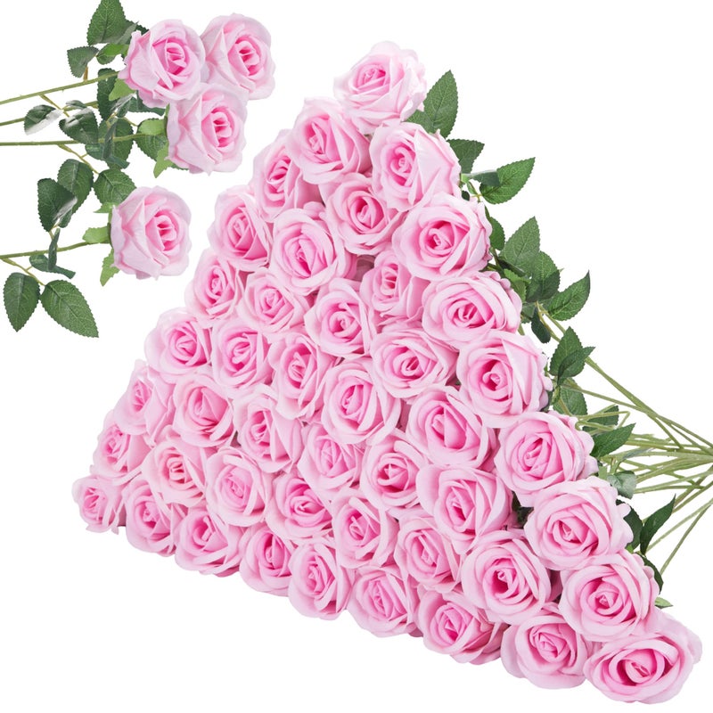 Innogear 50 Pcs Pink Roses Artificial Flowers  Fake Velvet Silk Rose Bulk Faux Flower For Decoration Diy Wedding Centerpieces Proposal Bridal Bouquets Shower Party Home Floral Decor (50  Pink) - Image 1