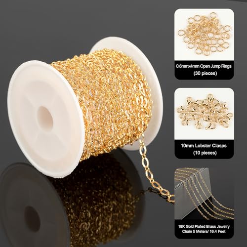 YOUBEIYEE 5 Meters 18K Gold Plated Chain for Jewelry Making, Shiny Light Gold Embossed Oval Cable Link Chain Spool Women Necklace Bracelet DIY Jewelry Findings - Image 2