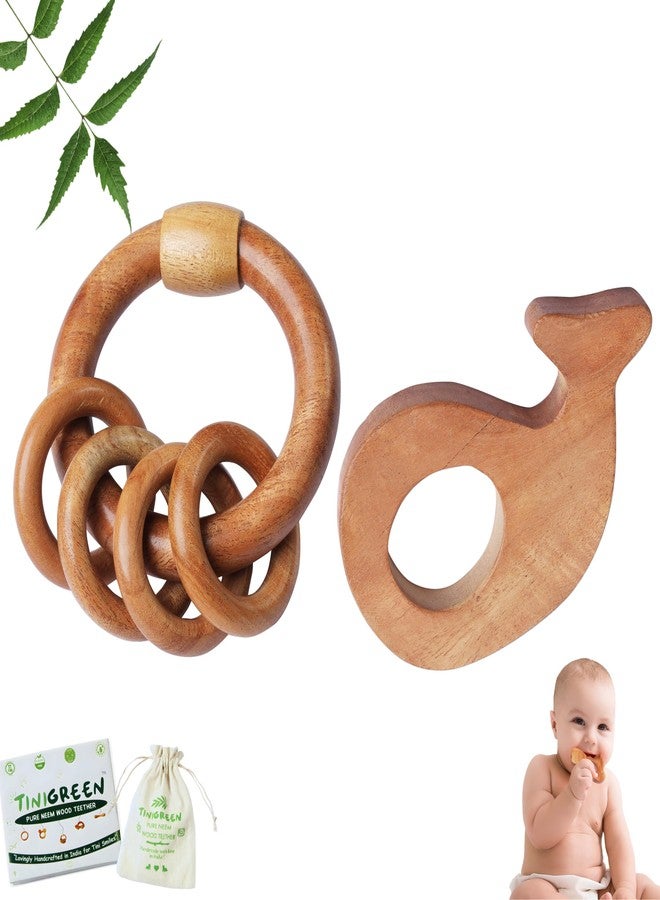 TINIGREEN Neem Wooden Baby Teether Natural Neem Wood Teething Toy for Infants 3–12 Months Chemical-Free, Handcrafted Baby Teether (Pack of 2) (Dolphin-Rattle) - Image 1