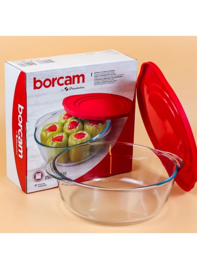 بوركام طاجن بوركام الزجاجي المستدير للفرن مع غطاء سيليكون، سعة 2.1 لتر، أحمر – صنع في تركيا - Image 3