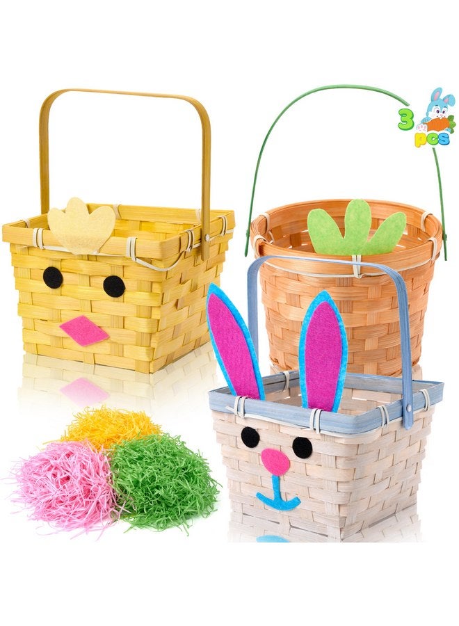JOYIN 3 Pcs Easter Baskets, Bunny Chick Carrot Baskets with Folding Handle & 150g Easter Raffia Paper Grass, Pink, Yellow & Green Empty Gift Basket for Baby Girls Boys First Easter - Image 1