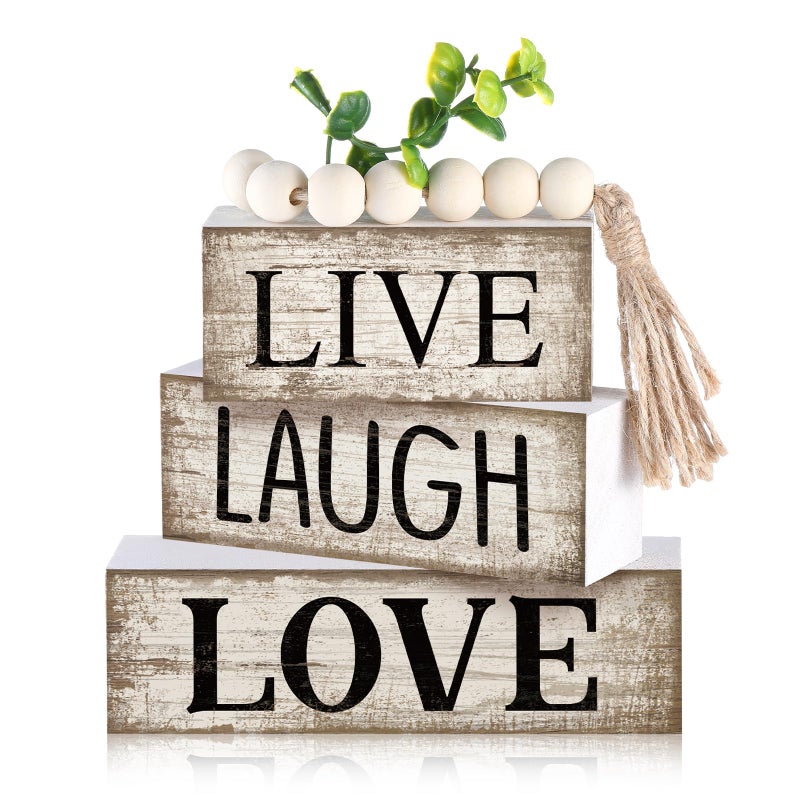 Yuntau 5 Pcs Rustic Farmhouse Tiered Tray Farmhouse Fake Books Decoration Life Laugh Love Wooden Tabletop Decor Love Block Decor Wood Block Sign Gift Centerpiece for Shelf Coffee Mantle Kitchen Table - Image 1