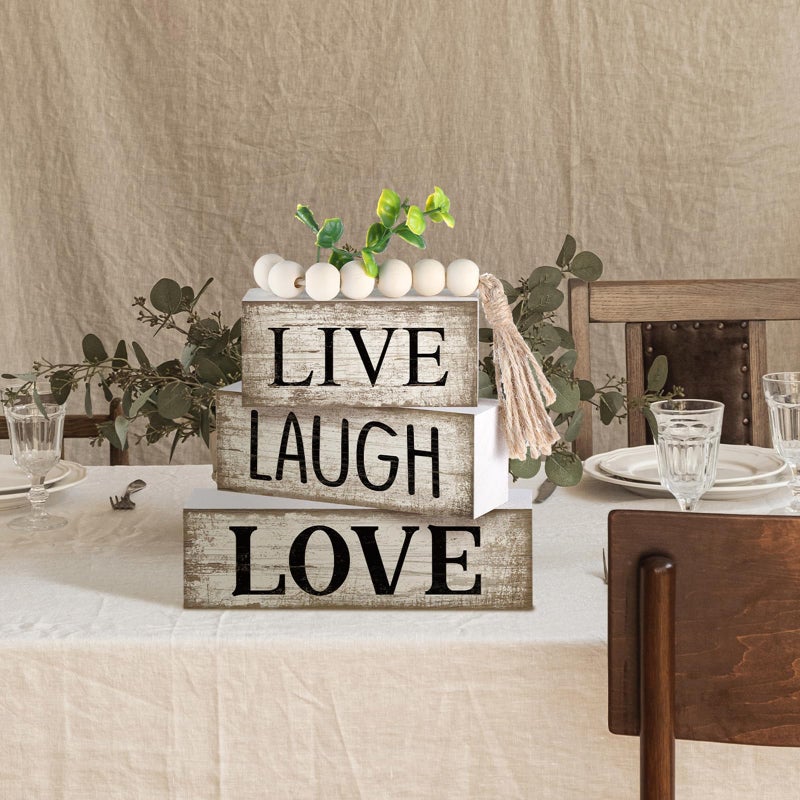 Yuntau 5 Pcs Rustic Farmhouse Tiered Tray Farmhouse Fake Books Decoration Life Laugh Love Wooden Tabletop Decor Love Block Decor Wood Block Sign Gift Centerpiece for Shelf Coffee Mantle Kitchen Table - Image 5