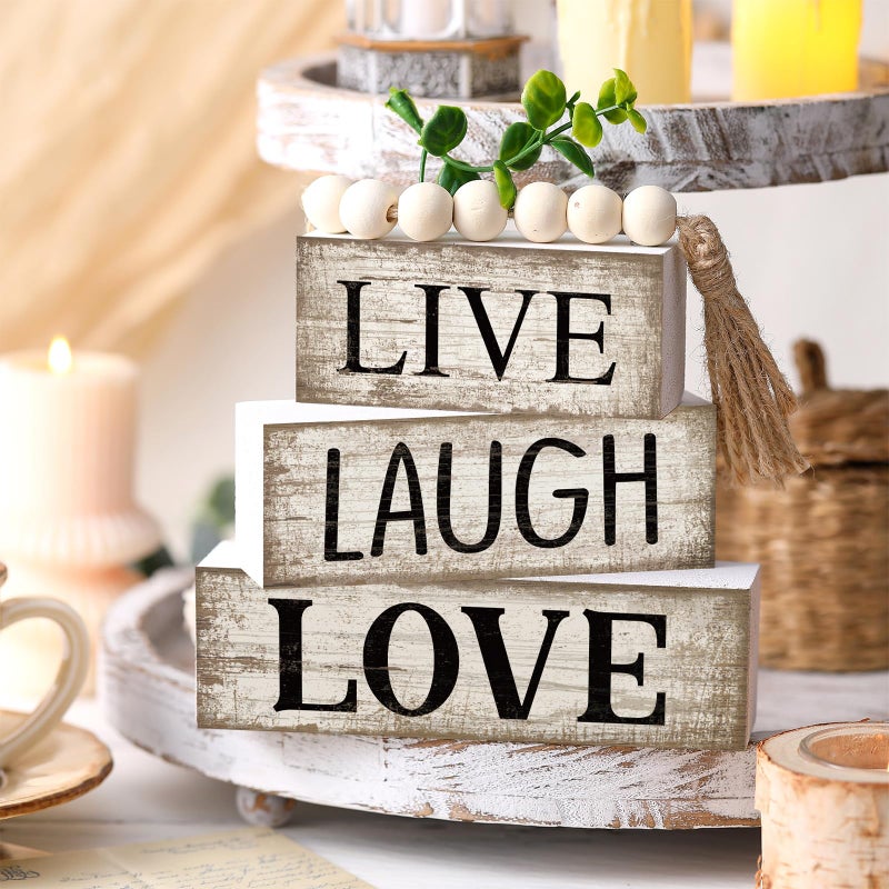 Yuntau 5 Pcs Rustic Farmhouse Tiered Tray Farmhouse Fake Books Decoration Life Laugh Love Wooden Tabletop Decor Love Block Decor Wood Block Sign Gift Centerpiece for Shelf Coffee Mantle Kitchen Table - Image 3