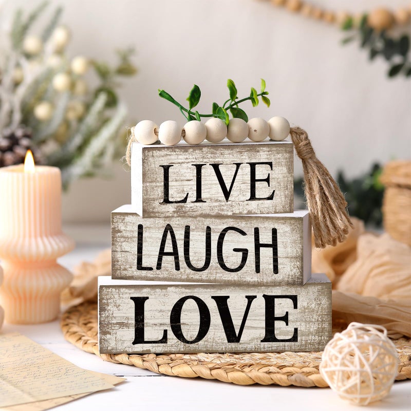 Yuntau 5 Pcs Rustic Farmhouse Tiered Tray Farmhouse Fake Books Decoration Life Laugh Love Wooden Tabletop Decor Love Block Decor Wood Block Sign Gift Centerpiece for Shelf Coffee Mantle Kitchen Table - Image 2