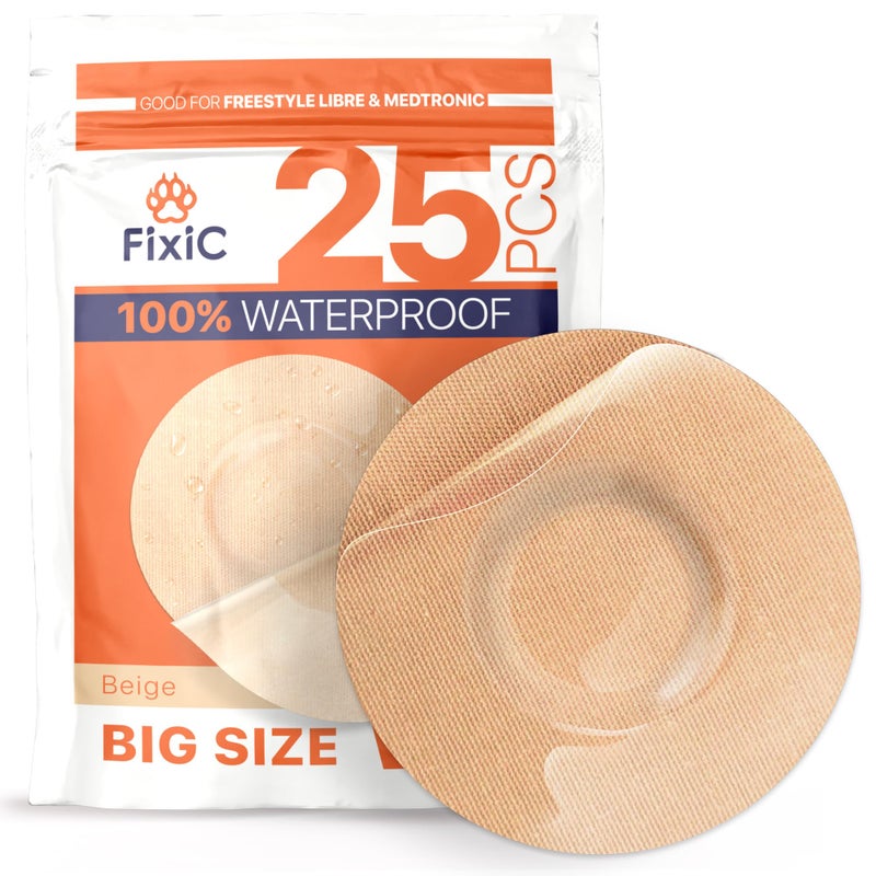 Fixic Freestyle Adhesive Patch 25 PCS Big Size Good for Libre 1 2 3 Plus Enlite Guardian NO Glue in The Center of The Patch PreCut Back Paper Long Fixation for Your Sensor