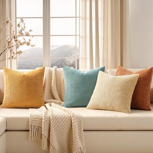 EMEMA Teal Orange Decorative Throw Pillow Covers for Couch Bed Livingroom 18x18 Inch Set of 4 Boho Farmhouse Corduroy Striped Square Pillow Case,Western Modern Cushion Covers Spring Home Decor - Image 3