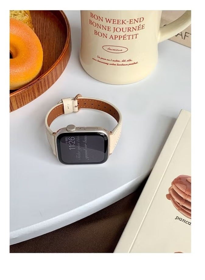 Apple Watch Leather Band  Compatible with Apple Watch Band 38mm 40mm 41mm 42mm Women  Top Grain Genuine Leather Strap Thin Watch Wristband for iWatch Series10 9 8 7 6 5 4 3 2 1 SE Ultra 2 off White - Image 3