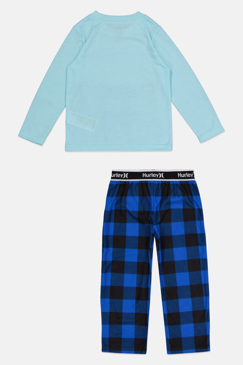 Hurley Toddler Boys Long Sleeve Tee and Checkered Pants Sleepwear, Turquoise and Blue - Image 2
