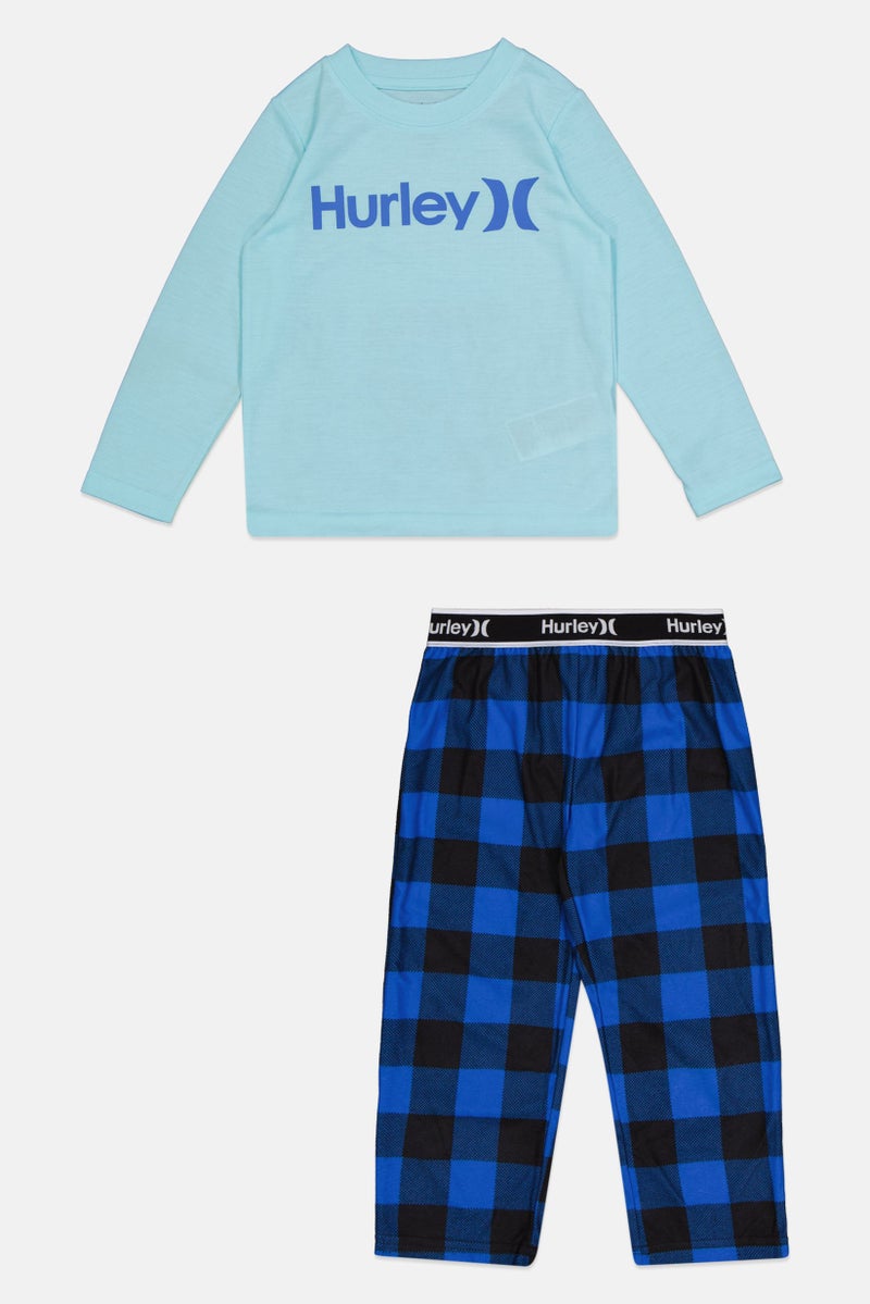 Hurley Toddler Boys Long Sleeve Tee and Checkered Pants Sleepwear, Turquoise and Blue - Image 1